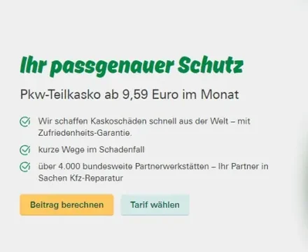 Ausschnitt der DEVK-Landingpage zur Pkw-Teilkasko: Überschrift „Ihr passgenauer Schutz“, Preis ab 9,59 Euro im Monat, drei Vorteile mit Häkchen und die Buttons „Beitrag berechnen“ und „Tarif wählen“.