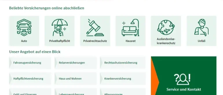 Ausschnitt einer DEVK-Seite mit grünen Icon-Kacheln für Auto, Privathaftpflicht, Privatrechtsschutz, Hausrat, Auslandsreisekrankenschutz und Unfall sowie der Übersicht „Unser Angebot auf einen Blick“.