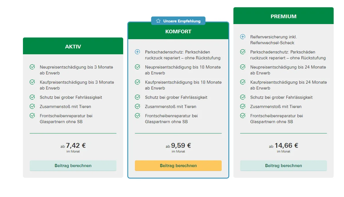 Screenshot eines Tarifvergleichs mit drei Spalten Aktiv ab 7,42 €, Komfort ab 9,59 € mit Hinweis „Unsere Empfehlung“ und Premium ab 14,66 € im Monat, jeweils mit Leistungsliste und Button „Beitrag berechnen“.