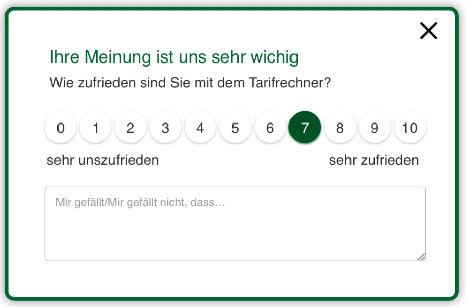 Screenshot eines Feedback-Dialogs „Ihre Meinung ist uns sehr wichtig“ mit der Frage nach der Zufriedenheit mit dem Tarifrechner, einer Skala von 0 bis 10 mit ausgewählter 7 und einem Freitextfeld.