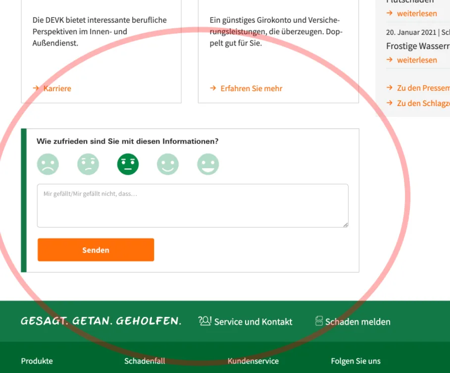 Screenshot eines DEVK-Seitenendes mit dem Feedback-Modul „Wie zufrieden sind Sie mit diesen Informationen?“, fünf Smileys, Freitextfeld und orangem Button „Senden“; das Modul ist mit einem roten Kreis markiert.
