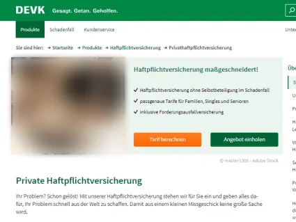 Screenshot der DEVK-Produktseite „Private Haftpflichtversicherung“ mit Brotkrumen-Navigation, Teaser „Haftpflichtversicherung maßgeschneidert!“ und den Buttons „Tarif berechnen“ und „Angebot einholen“.