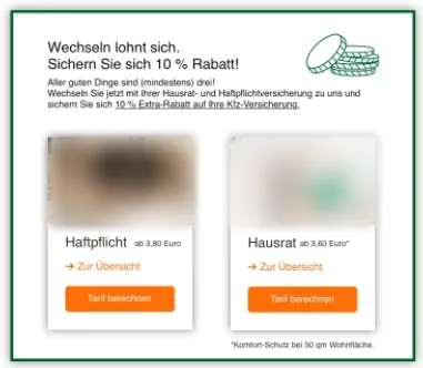 Screenshot einer Angebotsbox „Wechseln lohnt sich. Sichern Sie sich 10 % Rabatt!“ mit zwei Karten für Haftpflicht ab 3,80 Euro und Hausrat ab 3,60 Euro, jeweils mit Button „Tarif berechnen“.