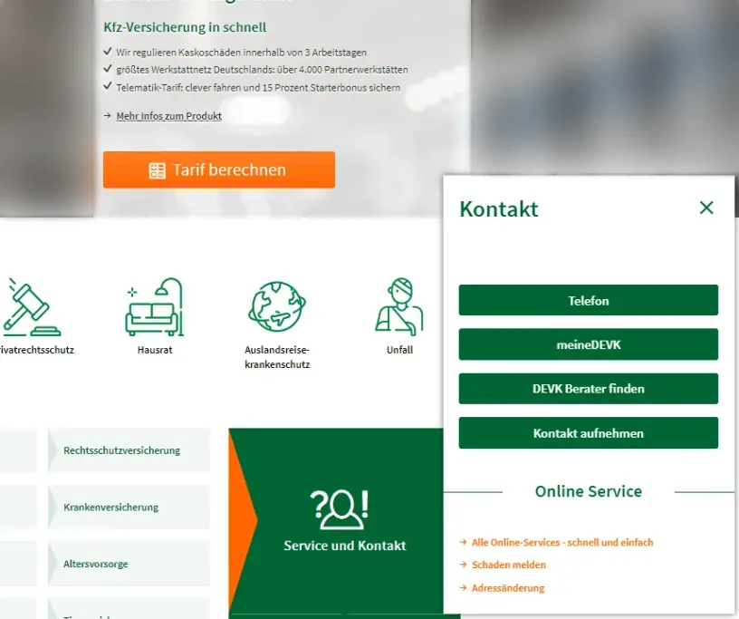Screenshot eines geöffneten Kontakt-Menüs auf der DEVK-Seite mit den Buttons Telefon, meineDEVK, DEVK Berater finden und Kontakt aufnehmen sowie Links unter „Online Service“.