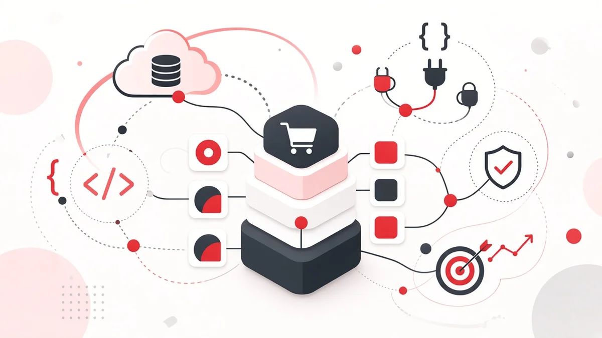 Abstrakte Illustration in Rot, Weiß und Anthrazit: ein gestapelter Komponenten-Block mit Warenkorb-Symbol in der Mitte, verbunden mit Symbolen für Datenbank in der Cloud, Code, Schnittstellen, Sicherheit/Tests und Tracking mit Zielscheibe und Aufwärtskurve.