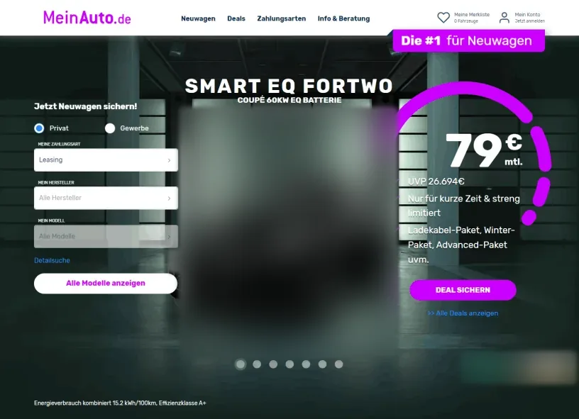 Screenshot der Startseite von MeinAuto.de: Kopfzeile mit Logo und Menü, links eine Suchbox „Jetzt Neuwagen sichern!“, in der Mitte ein schwarzer Smart EQ fortwo, rechts das Angebot 79 Euro monatlich mit Button „Deal sichern“ und das Banner „Die #1 für Neuwagen“.